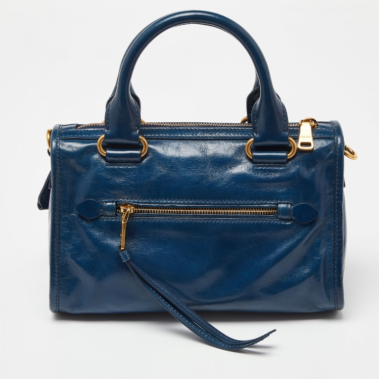 Pre Owned Miu Miu Blue Vitello Shine Leather Front Zip Satchel