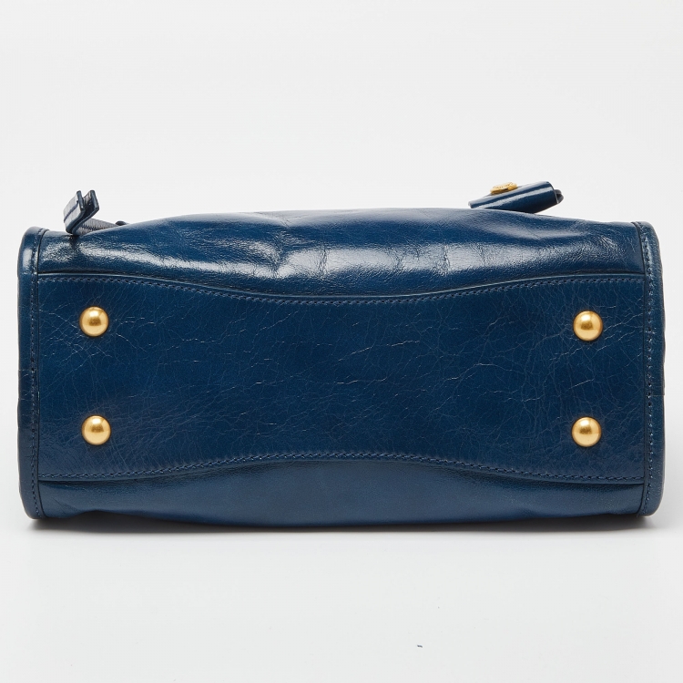 Pre Owned Miu Miu Blue Vitello Shine Leather Front Zip Satchel