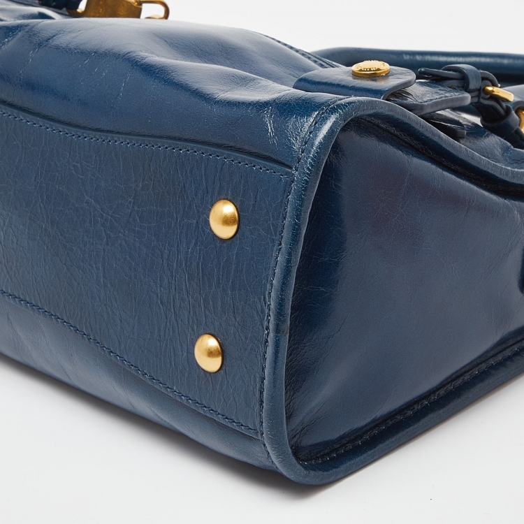 Pre Owned Miu Miu Blue Vitello Shine Leather Front Zip Satchel