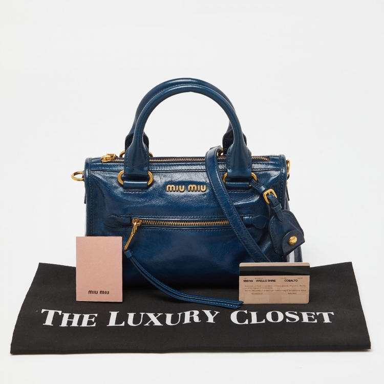 Pre Owned Miu Miu Blue Vitello Shine Leather Front Zip Satchel