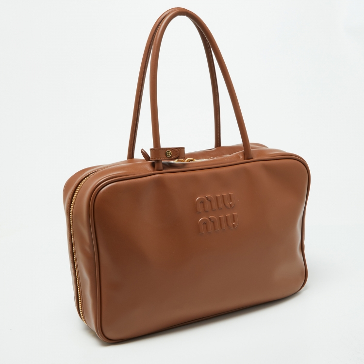 Pre Owned Miu Miu Brown Leather Zip Boston Bag