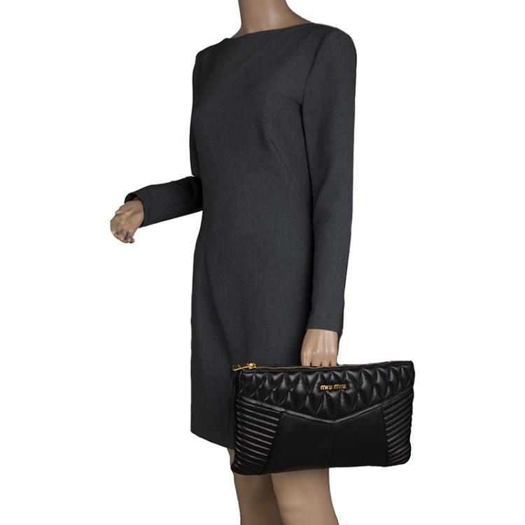 Pre Owned Miu Miu Black Quilted Leather Biker Zip Clutch