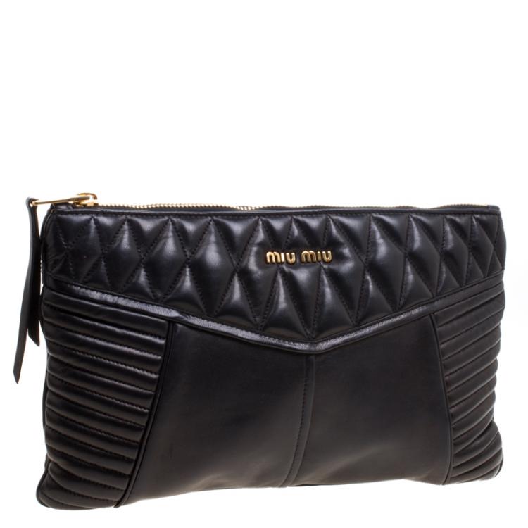 Pre Owned Miu Miu Black Quilted Leather Biker Zip Clutch