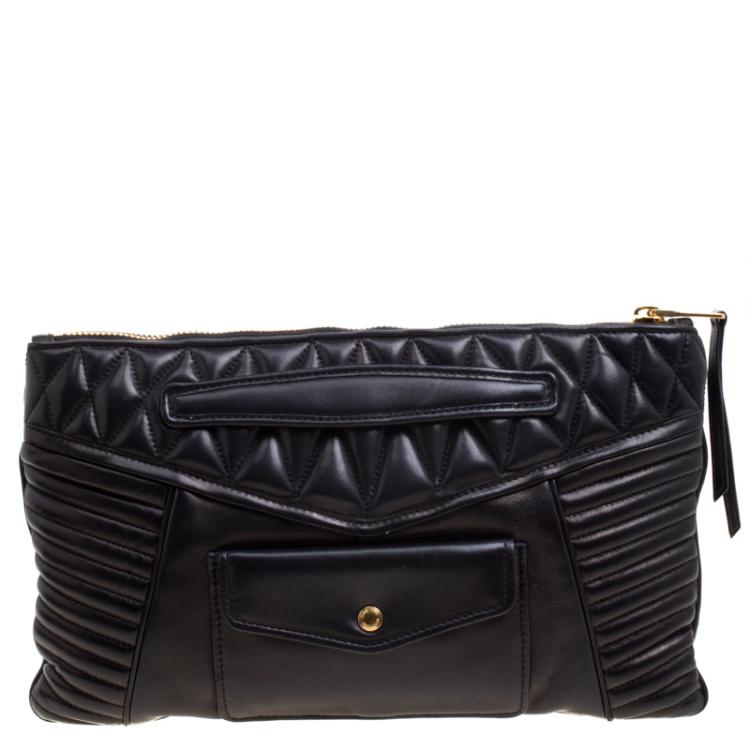 Pre Owned Miu Miu Black Quilted Leather Biker Zip Clutch