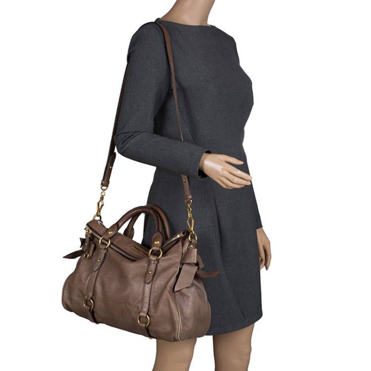 Pre Owned Miu Miu Dark Beige Leather Bow Top Handle Bag