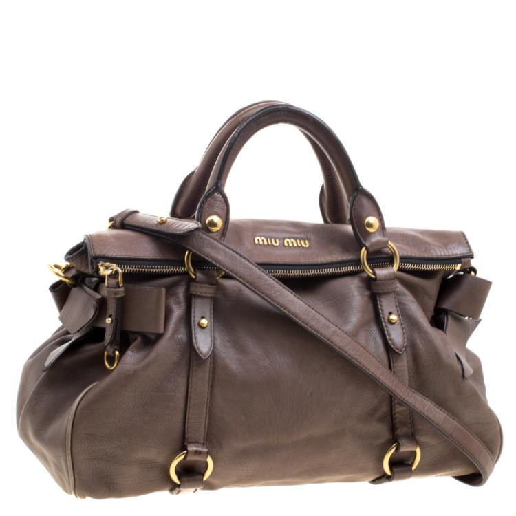 Pre Owned Miu Miu Dark Beige Leather Bow Top Handle Bag
