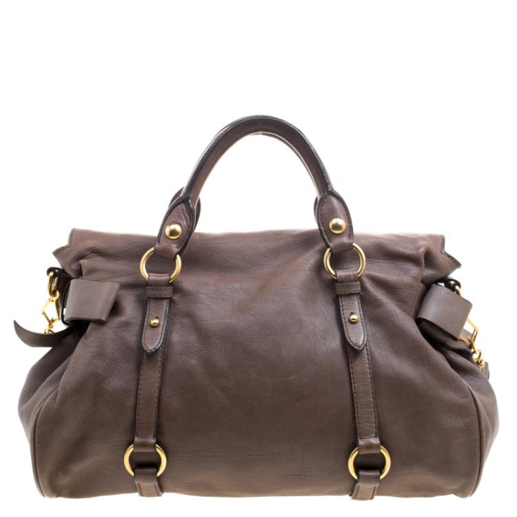 Pre Owned Miu Miu Dark Beige Leather Bow Top Handle Bag
