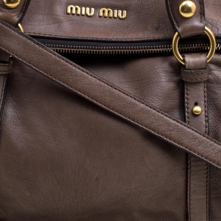 Pre Owned Miu Miu Dark Beige Leather Bow Top Handle Bag