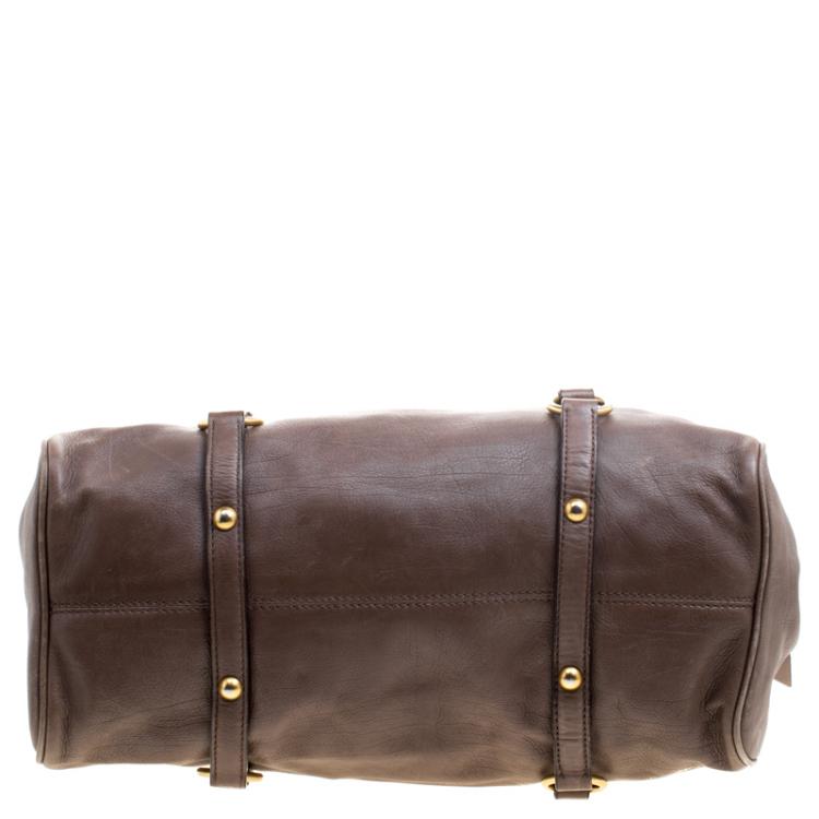 Pre Owned Miu Miu Dark Beige Leather Bow Top Handle Bag