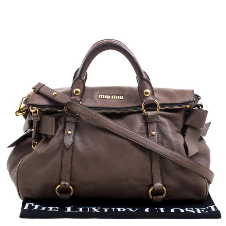 Pre Owned Miu Miu Dark Beige Leather Bow Top Handle Bag