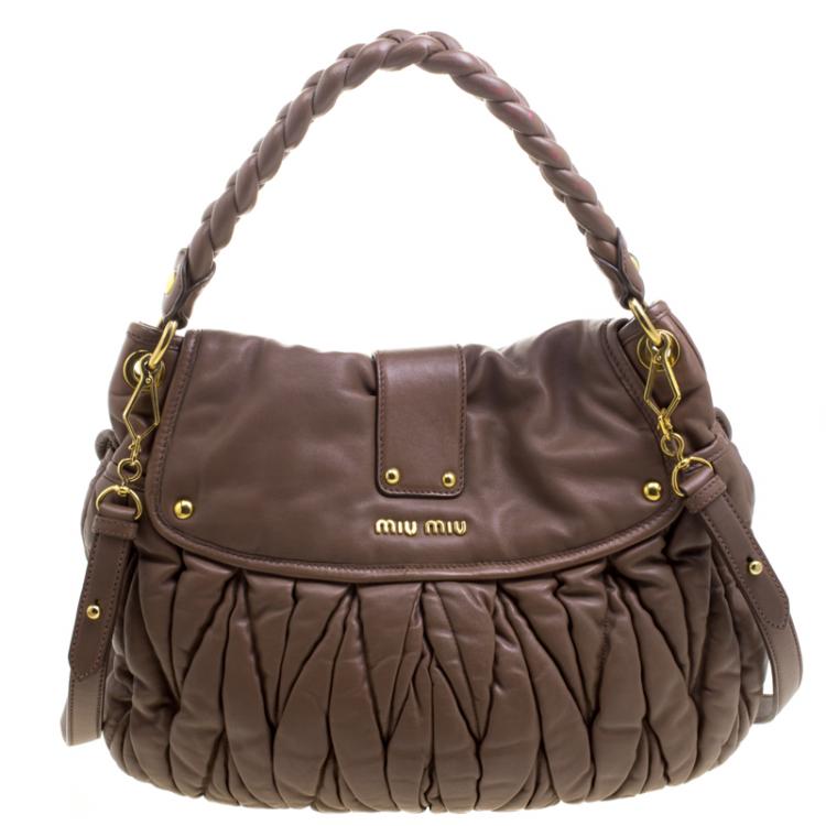 Pre Owned Miu Miu Brown Matelasse Lux Leather Coffer Hobo