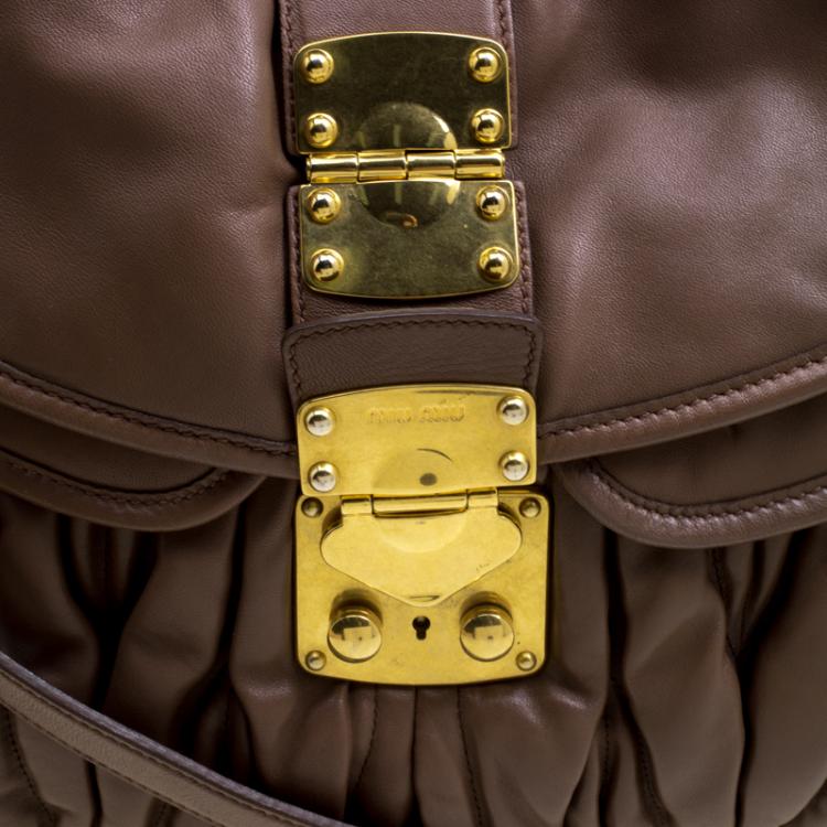Pre Owned Miu Miu Brown Matelasse Lux Leather Coffer Hobo