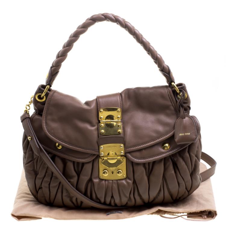 Pre Owned Miu Miu Brown Matelasse Lux Leather Coffer Hobo