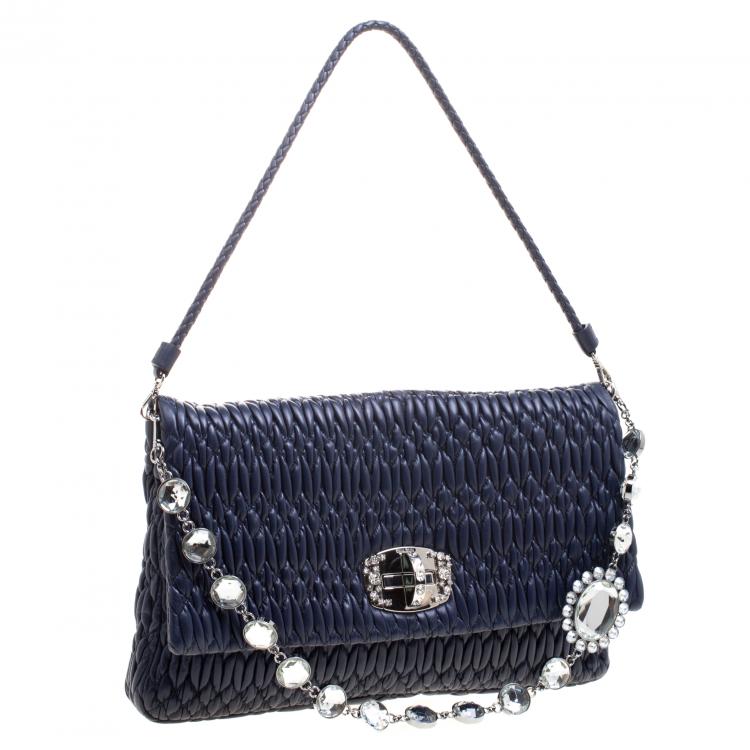 Pre Owned Miu Miu Navy Blue Matelassé Leather Crystal Flap Shoulder Bag