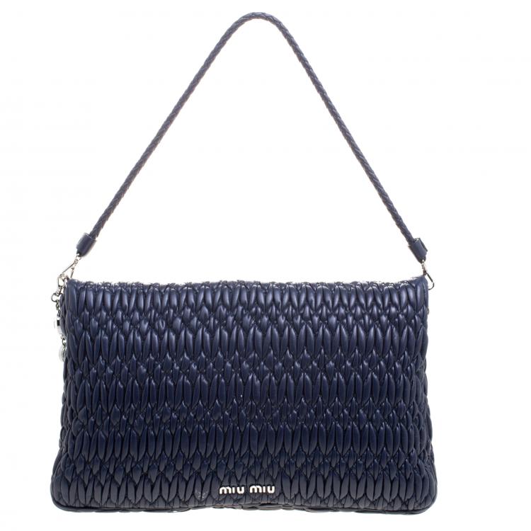 Pre Owned Miu Miu Navy Blue Matelassé Leather Crystal Flap Shoulder Bag