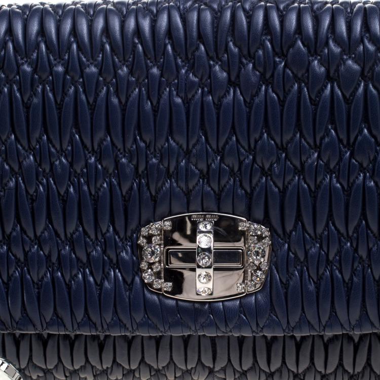 Pre Owned Miu Miu Navy Blue Matelassé Leather Crystal Flap Shoulder Bag