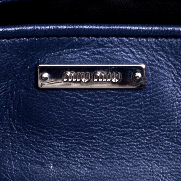 Pre Owned Miu Miu Navy Blue Matelassé Leather Crystal Flap Shoulder Bag