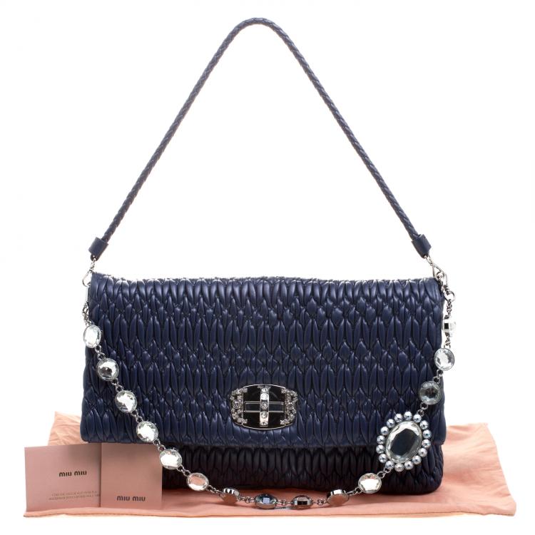 Pre Owned Miu Miu Navy Blue Matelassé Leather Crystal Flap Shoulder Bag