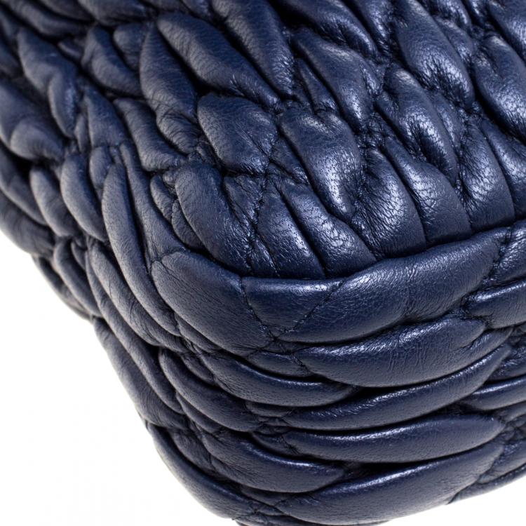 Pre Owned Miu Miu Navy Blue Matelassé Leather Crystal Flap Shoulder Bag