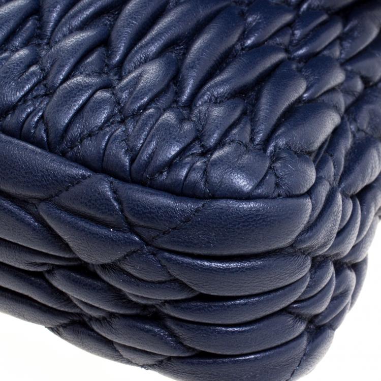 Pre Owned Miu Miu Navy Blue Matelassé Leather Crystal Flap Shoulder Bag