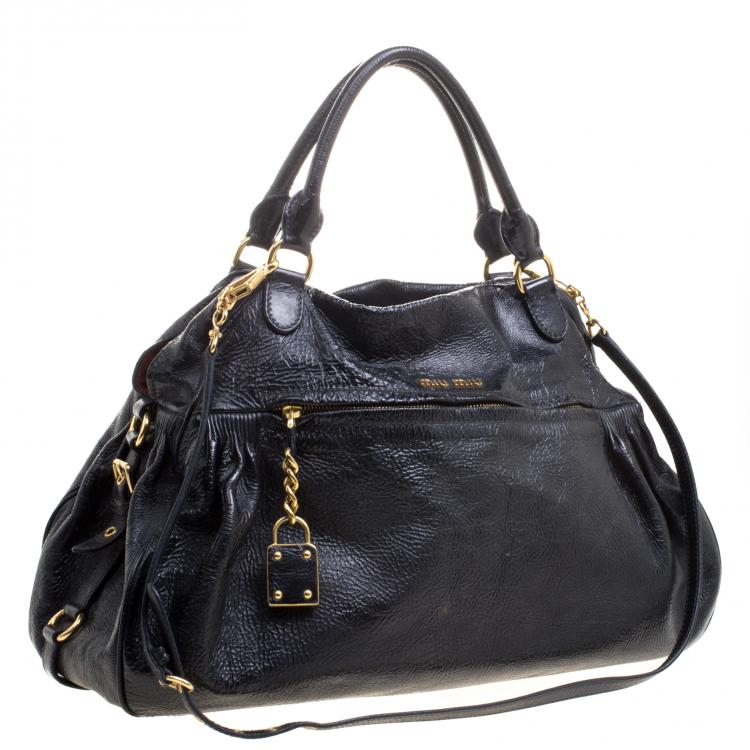 Pre Owned Miu Miu Black Distressed Leather Charm Satchel