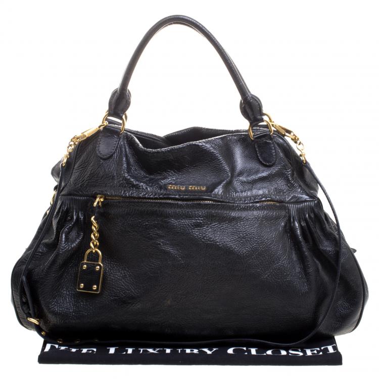 Pre Owned Miu Miu Black Distressed Leather Charm Satchel