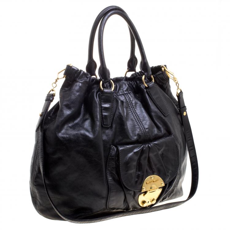 Pre Owned Miu Miu Black Leather Top Handle Hobo