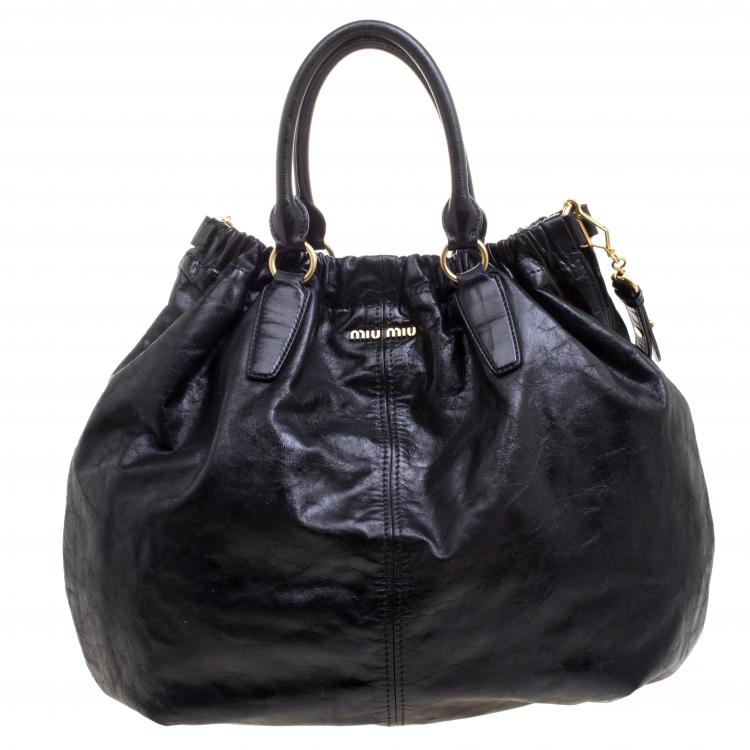 Pre Owned Miu Miu Black Leather Top Handle Hobo