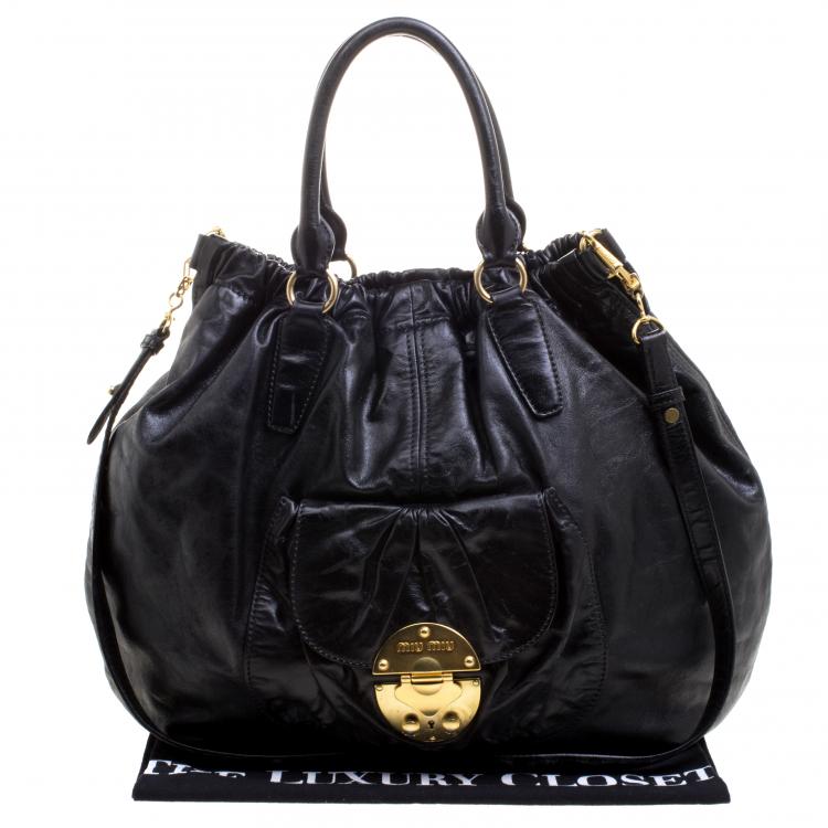 Pre Owned Miu Miu Black Leather Top Handle Hobo