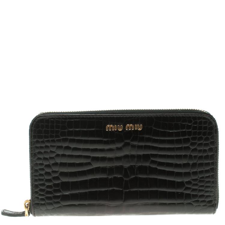 Pre Owned Miu Miu Black Croc Embossed Leather Zip Around Wallet