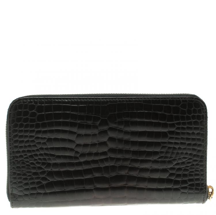 Pre Owned Miu Miu Black Croc Embossed Leather Zip Around Wallet