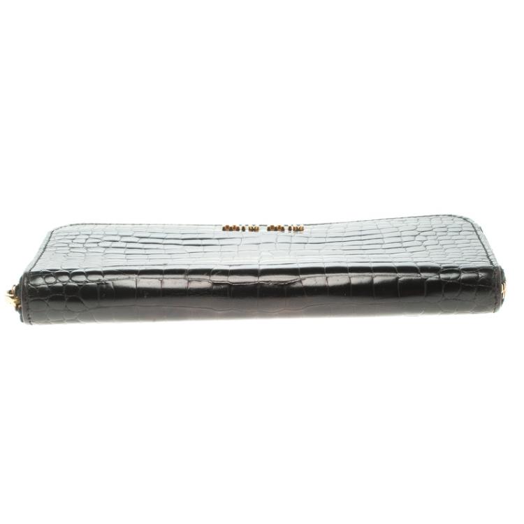 Pre Owned Miu Miu Black Croc Embossed Leather Zip Around Wallet