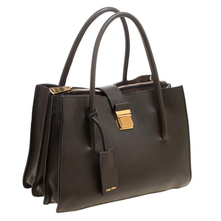 Pre Owned Miu Miu Military Green Leather Medium Madras Tote