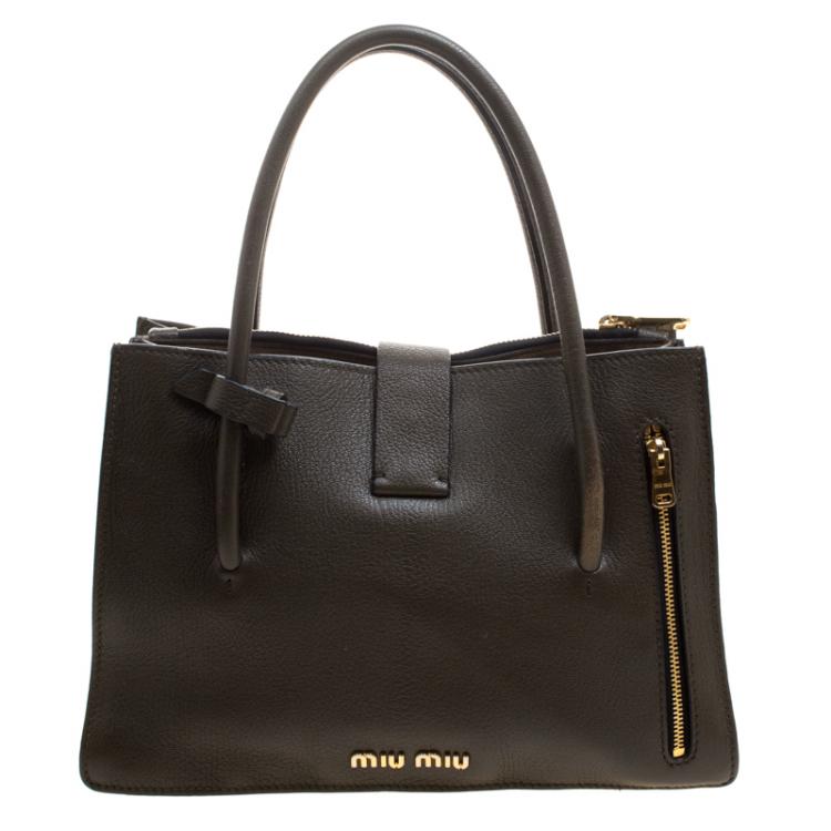Pre Owned Miu Miu Military Green Leather Medium Madras Tote