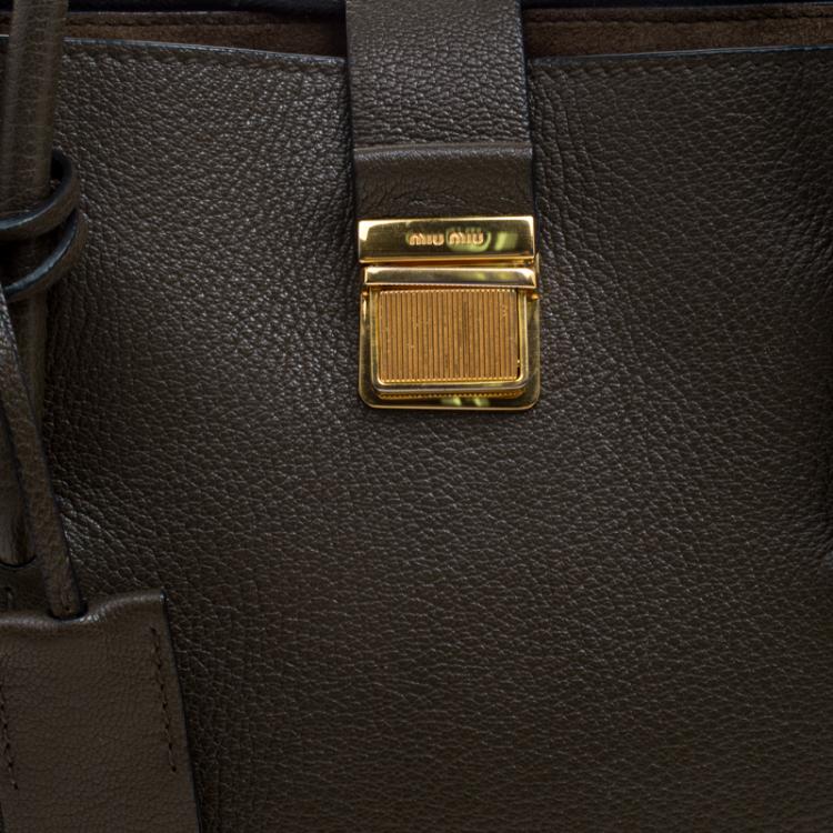 Pre Owned Miu Miu Military Green Leather Medium Madras Tote