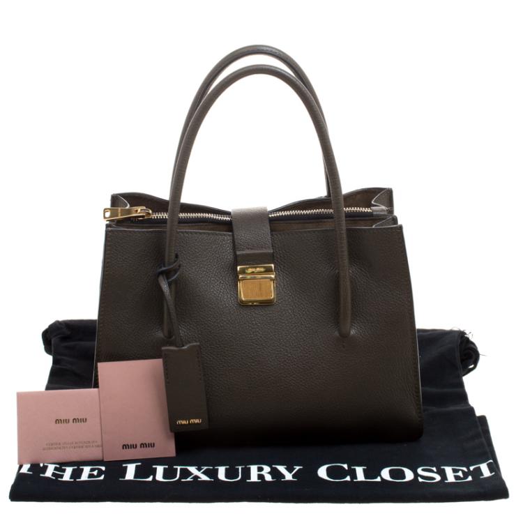 Pre Owned Miu Miu Military Green Leather Medium Madras Tote