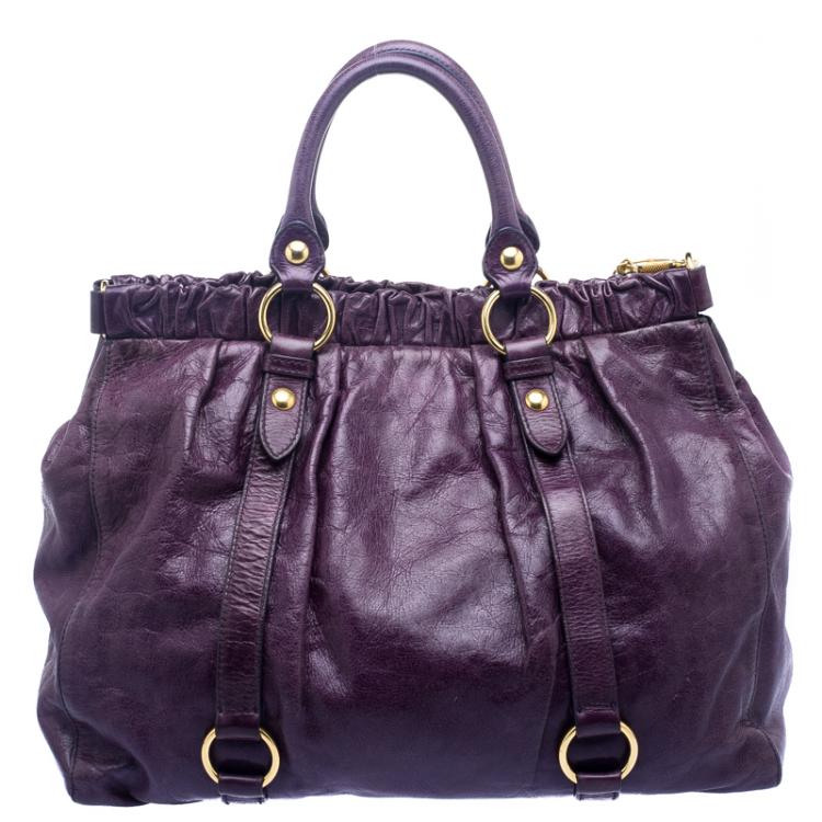Pre Owned Miu Miu Purple Vitello Lux Leather Gathered Tote