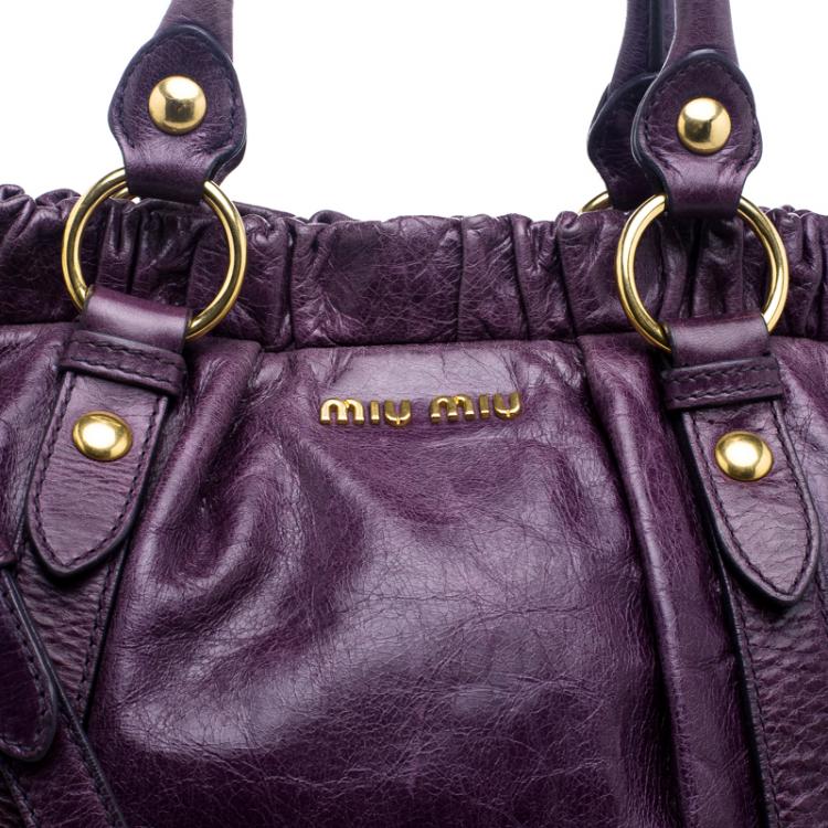 Pre Owned Miu Miu Purple Vitello Lux Leather Gathered Tote