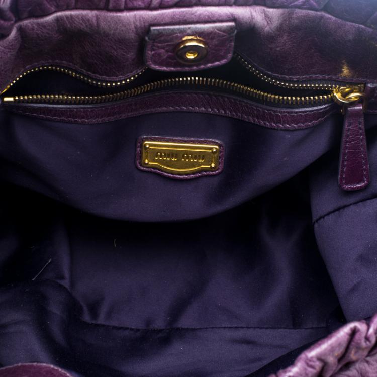 Pre Owned Miu Miu Purple Vitello Lux Leather Gathered Tote