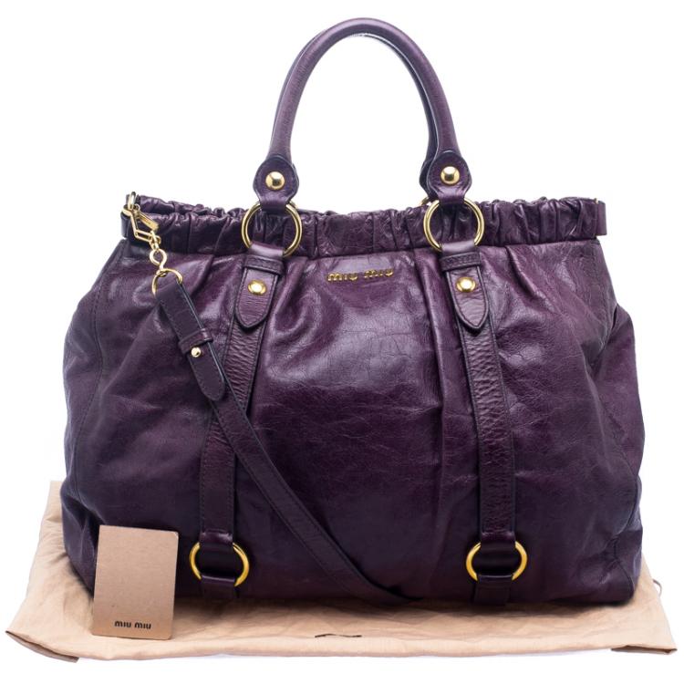 Pre Owned Miu Miu Purple Vitello Lux Leather Gathered Tote
