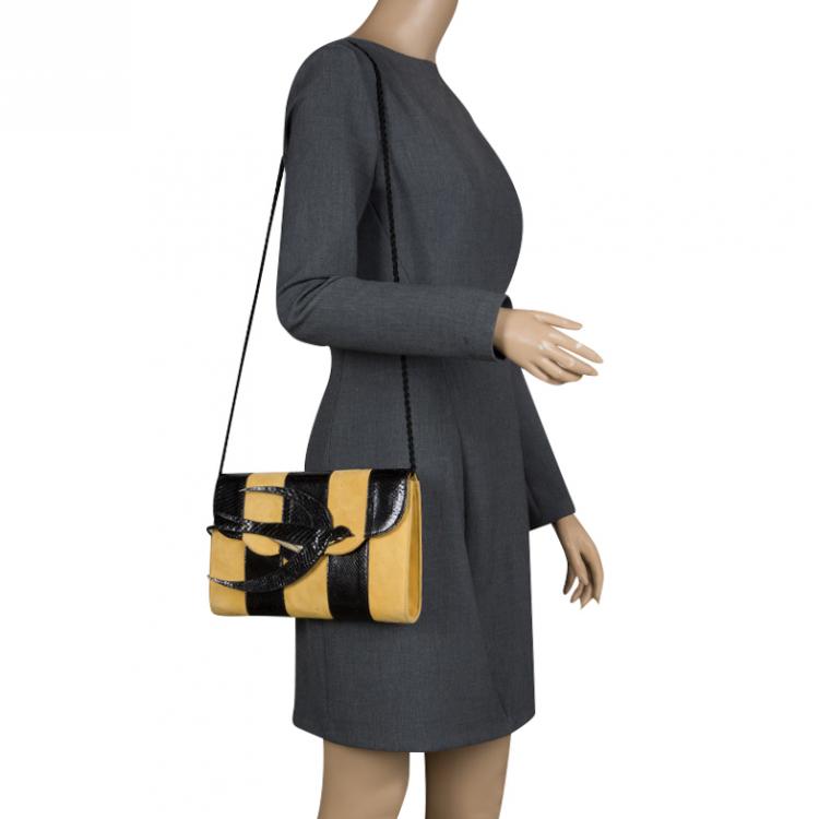 Pre Owned Miu Miu Yellow/Black Python and Suede Bird Shoulder Bag