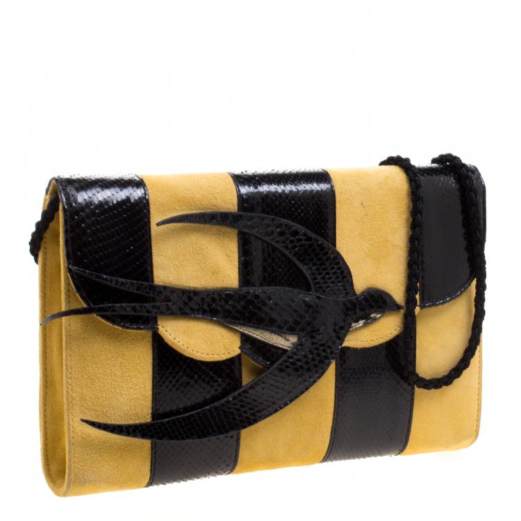 Pre Owned Miu Miu Yellow/Black Python and Suede Bird Shoulder Bag