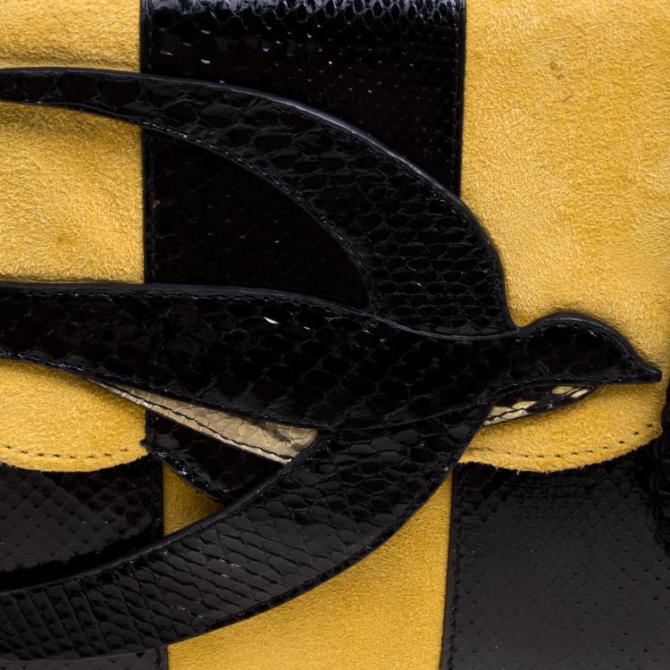 Pre Owned Miu Miu Yellow/Black Python and Suede Bird Shoulder Bag