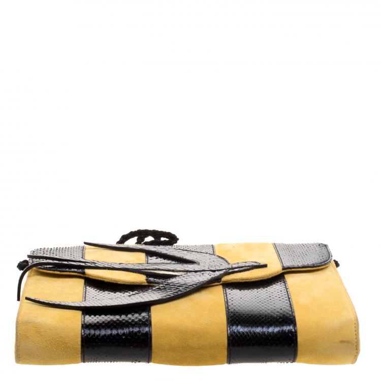 Pre Owned Miu Miu Yellow/Black Python and Suede Bird Shoulder Bag