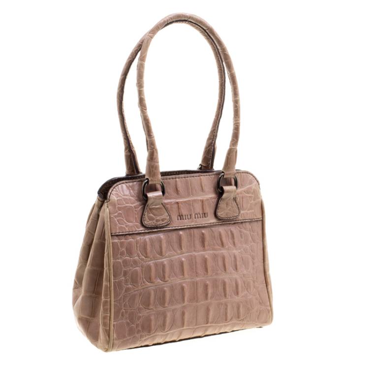 Pre Owned Miu Miu Beige Croc Horn Embossed Leather Tote