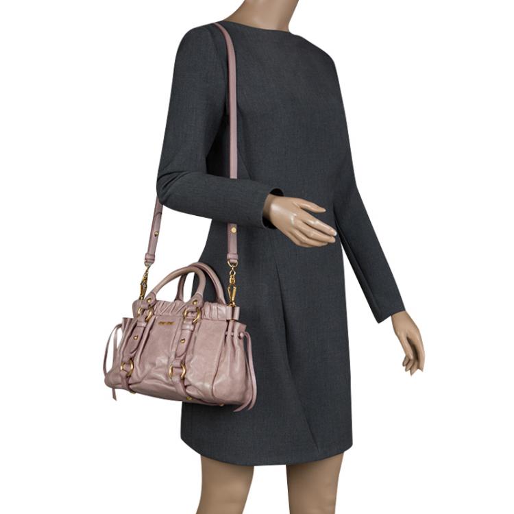 Pre Owned Miu Miu Beige Glazed Leather Small Luxe Ruched Top Handle Bag