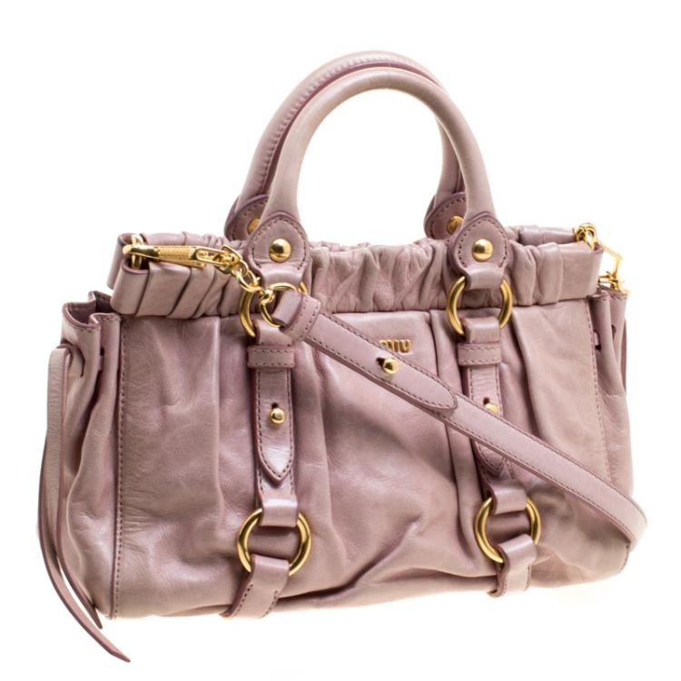 Pre Owned Miu Miu Beige Glazed Leather Small Luxe Ruched Top Handle Bag