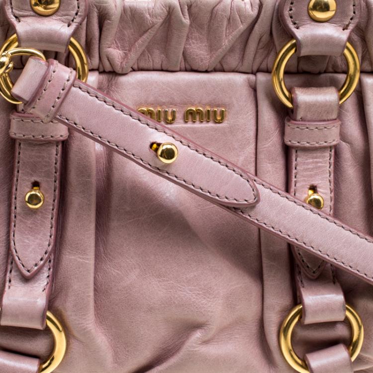 Pre Owned Miu Miu Beige Glazed Leather Small Luxe Ruched Top Handle Bag