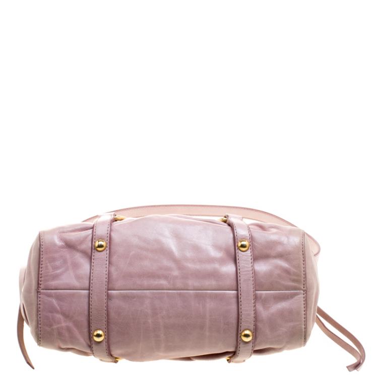 Pre Owned Miu Miu Beige Glazed Leather Small Luxe Ruched Top Handle Bag