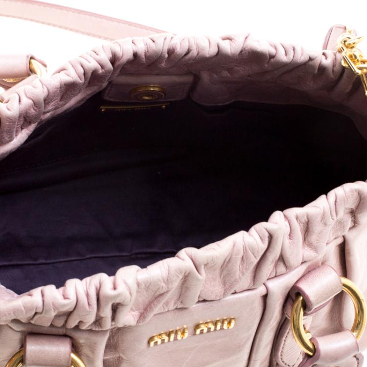 Pre Owned Miu Miu Beige Glazed Leather Small Luxe Ruched Top Handle Bag